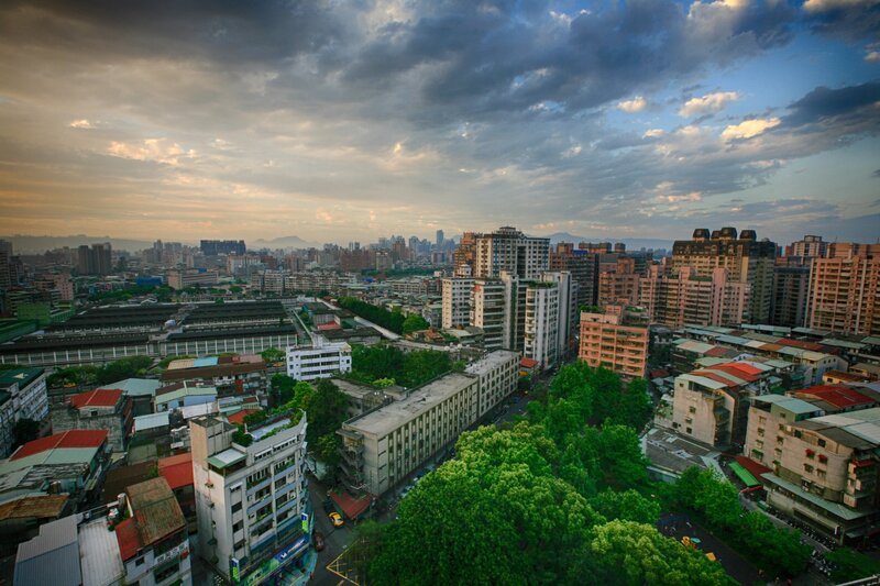 Cityscape at Dusk — Green, Dramatic