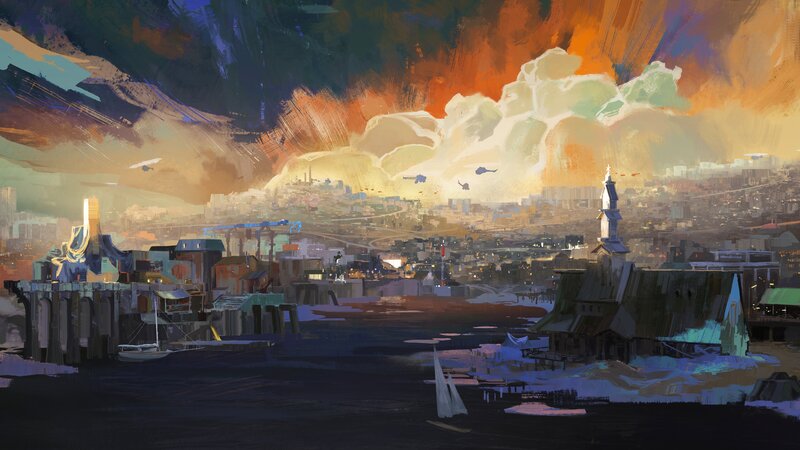 Cityscape at Dusk — Orange, Dramatic, Sunset, Digital Art