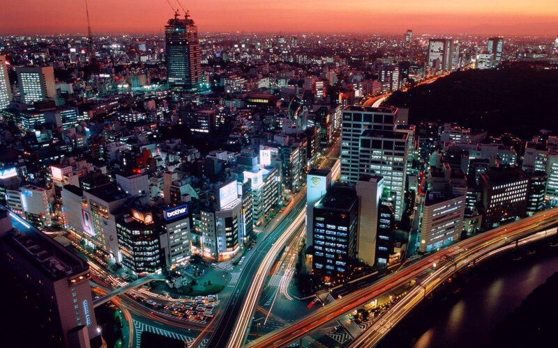 Cityscape at Dusk — Orange, Dramatic, Sunset, Photograph, Buildings, Highways