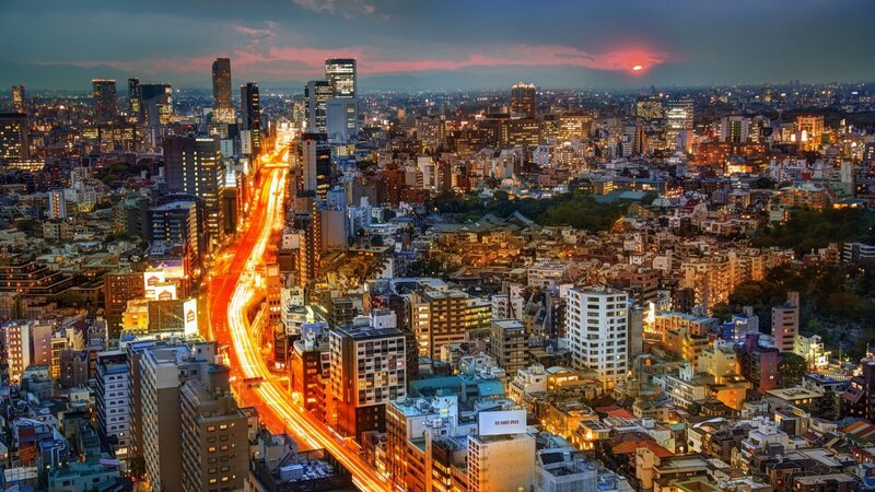 Cityscape at Dusk — Orange, Dramatic, Sunset, Photograph, Buildings