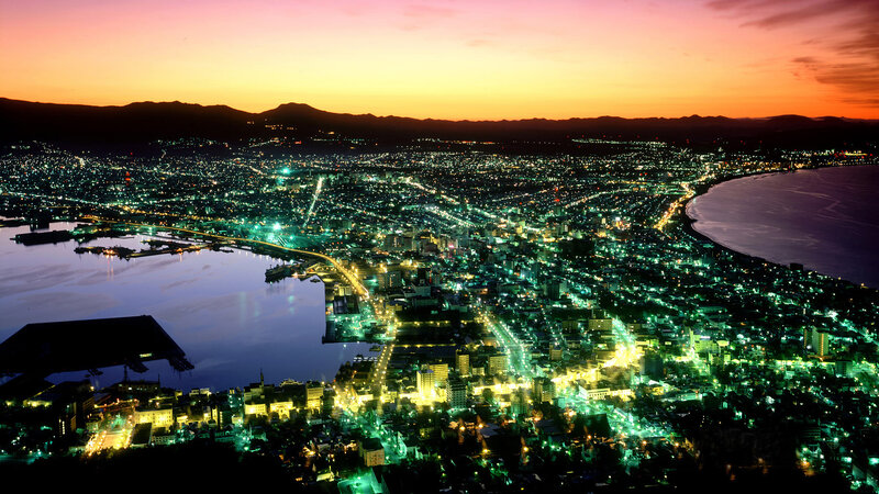 Cityscape at Dusk — Orange, Dramatic, Sunset, Photograph, Mountains, Harbor