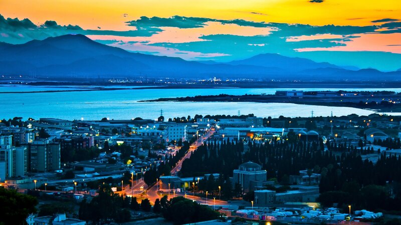 Cityscape at Dusk — Orange, Dramatic, Sunset, Photograph, Mountains
