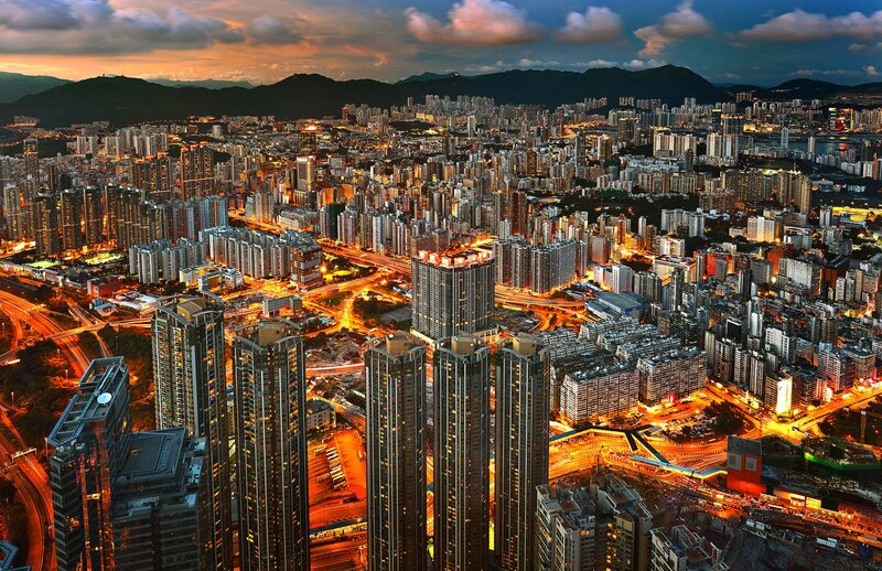 Cityscape at Dusk — Orange, Dramatic, Sunset, Photograph, Skyscrapers