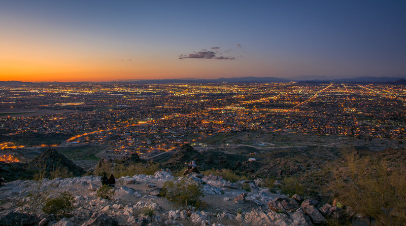 Cityscape at Dusk — Orange, Serene, Sunset, Photograph, People