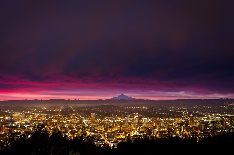 Cityscape at Dusk — Purple, Dramatic, Night, Photograph, Mountain