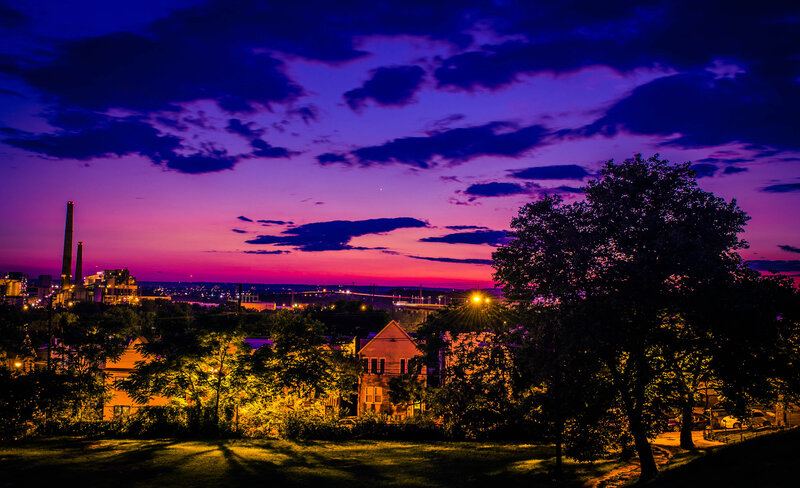Cityscape at Dusk — Purple, Dramatic, Sunset, Photograph, Buildings, Trees