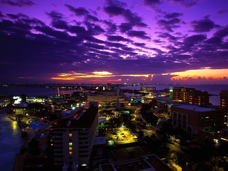 Cityscape at Dusk — Purple, Dramatic, Sunset, Photograph, Buildings, Water