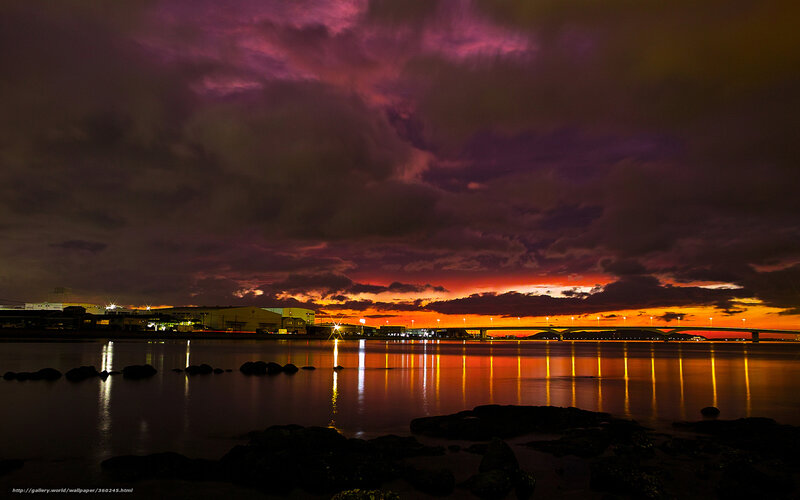 Cityscape at Dusk — Purple, Dramatic, Sunset, Photograph, Sky, Bridge