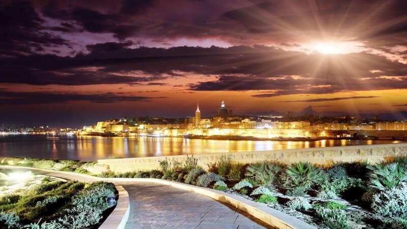 Cityscape at Dusk — Purple, Dramatic, Sunset, Photograph, Sky