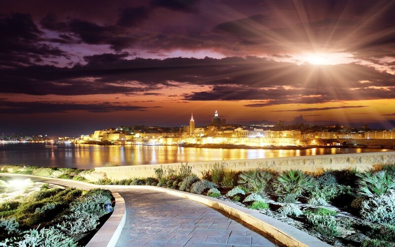 Cityscape at Dusk — Purple, Dramatic, Sunset, Photograph, Sky, Water