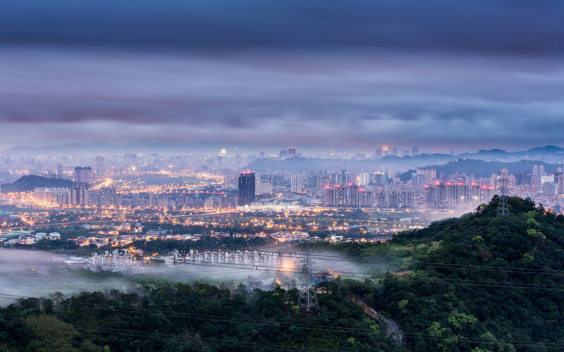 Cityscape at Dusk — Purple, Misty