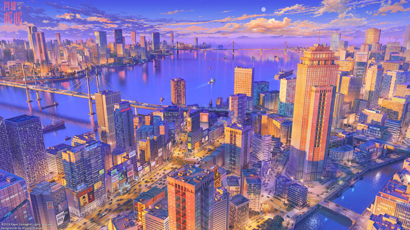 Cityscape at Dusk — Purple, Serene, Sunset, Digital Art, Skyscrapers