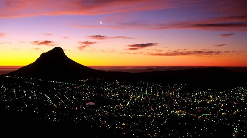 Cityscape at Dusk — Purple, Serene, Sunset, Photograph, Mountain