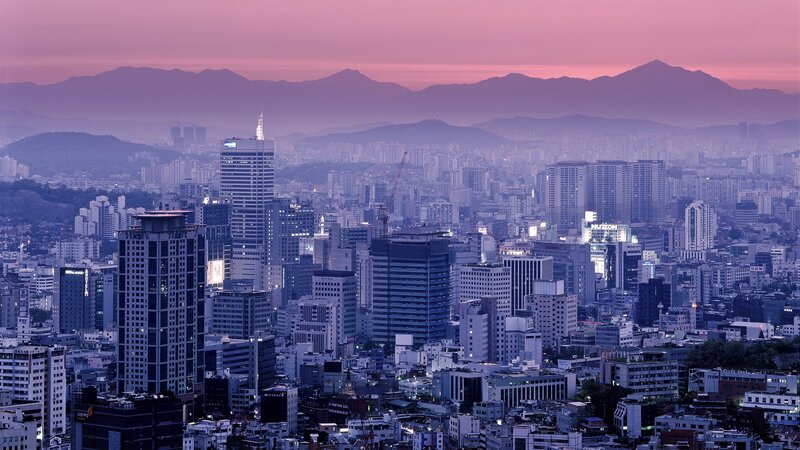 Cityscape at Dusk — Purple, Serene, Sunset, Photograph, Mountains