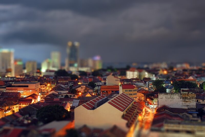cityscape at dusk with tilt-shift effect