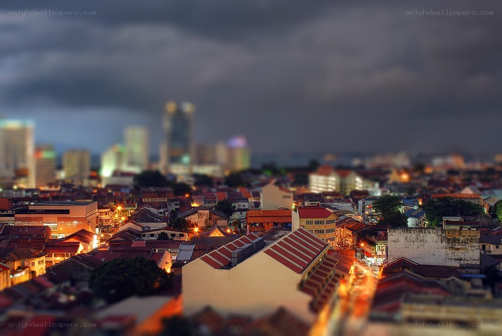 cityscape at dusk with tilt-shift effect