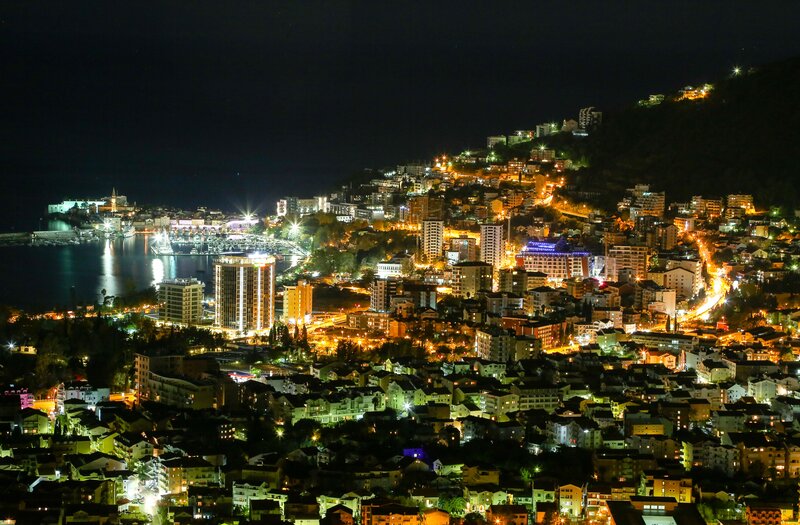 Cityscape at Night — Black, Calm, Photograph, Buildings, Harbor