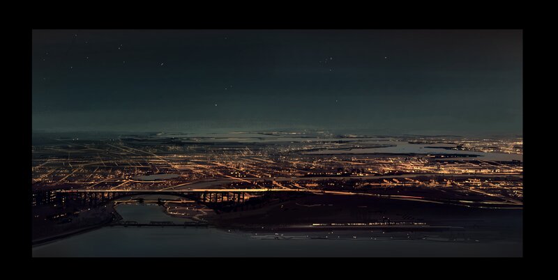 Cityscape at Night — Black, Dramatic, Digital Art, Bridge, River, Lights