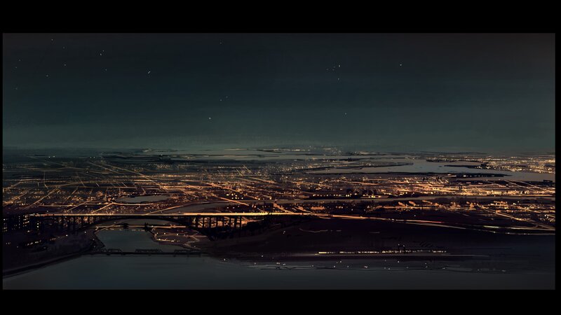 Cityscape at Night — Black, Dramatic, Digital Art, Bridge