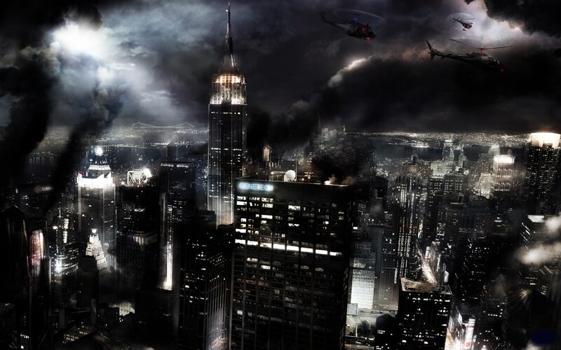Cityscape at Night — Black, Dramatic, Digital Art, Skyscrapers, Helicopters, Smoke, Gray