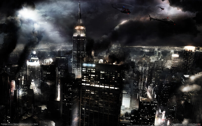 Cityscape at Night — Black, Dramatic, Digital Art, Skyscrapers, Helicopters, Smoke
