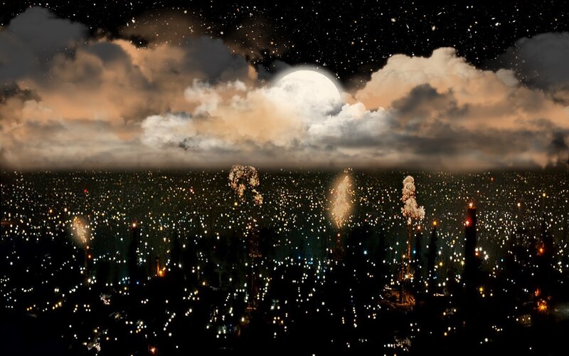 Cityscape at Night — Black, Dramatic, Digital Art