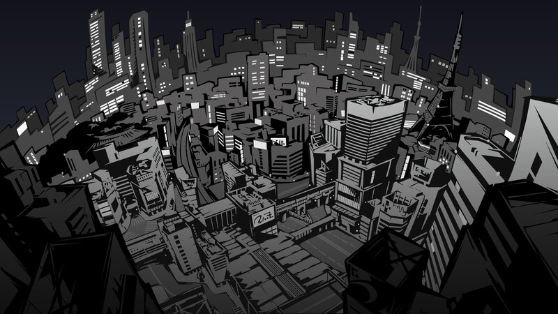 Cityscape at Night — Black, Dramatic, Illustration