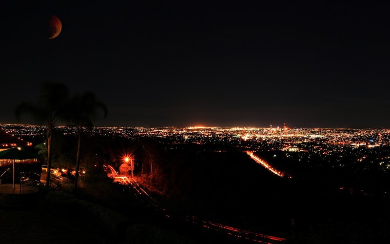 Cityscape at Night — Black, Dramatic, Photograph, Moon, Palm Trees