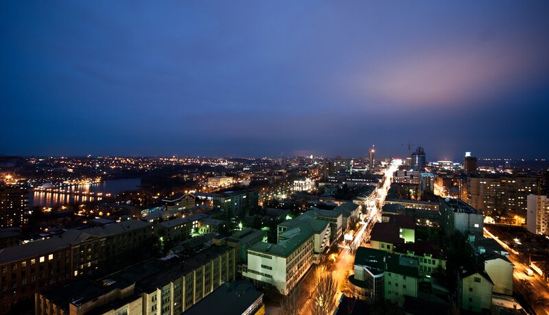 Cityscape at Night — Blue, Calm, Photograph, Buildings, River