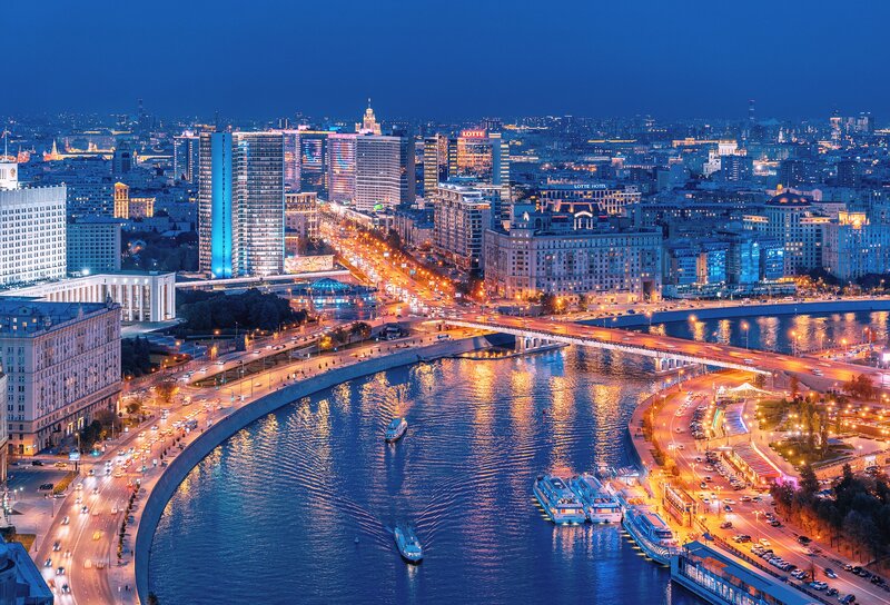 Cityscape at Night — Blue, Calm, Photograph, River, Bridge, Buildings