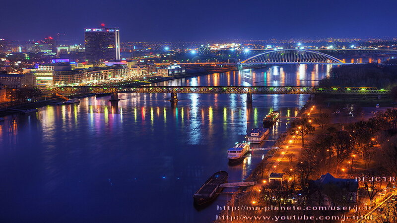 Cityscape at Night — Blue, Calm, Photograph, River