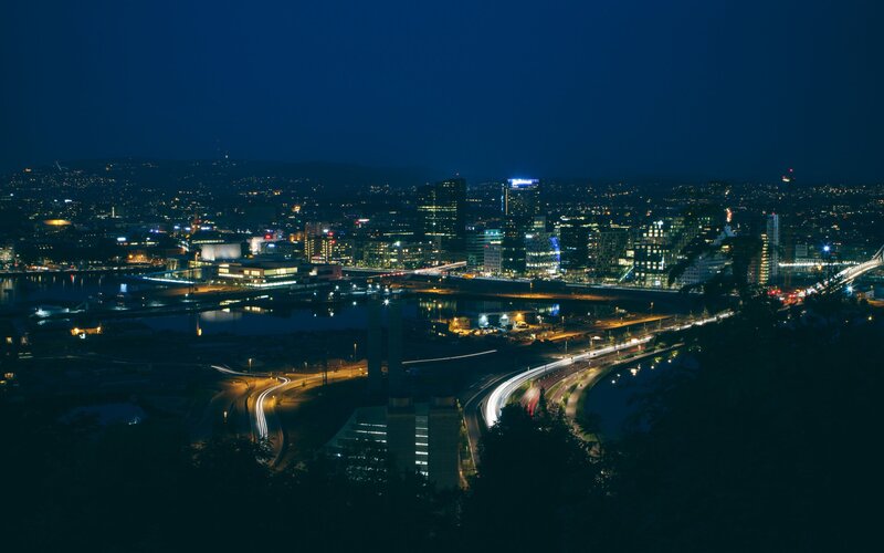 Cityscape at Night — Blue, Dark, Photograph
