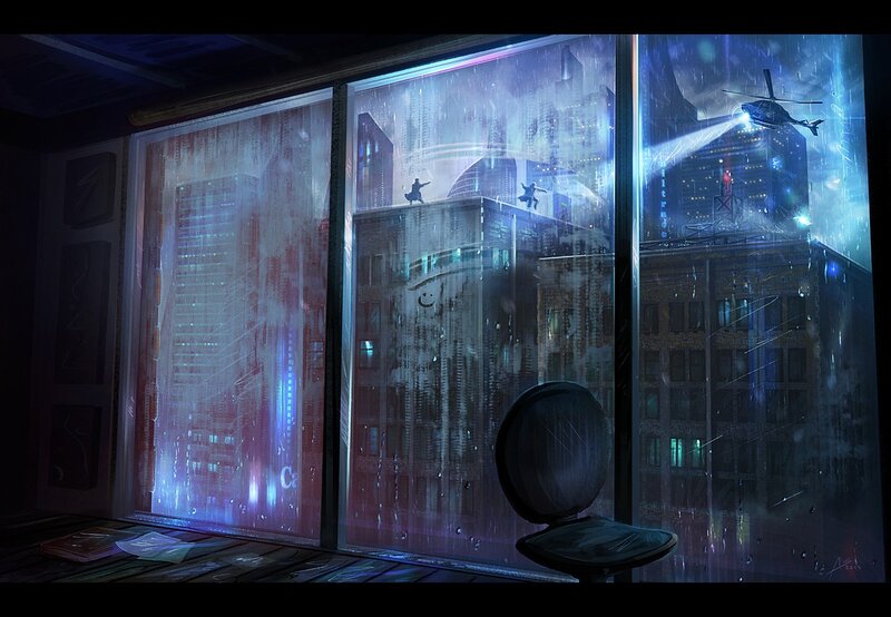 Cityscape at Night — Blue, Dramatic, Digital Art, Helicopter