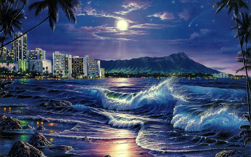 Cityscape at Night — Blue, Dramatic, Digital Art, Mountain