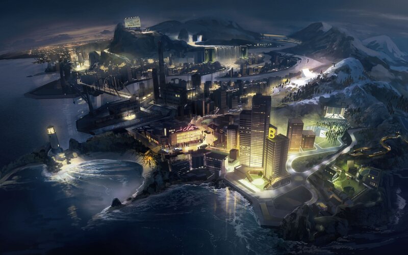 Cityscape at Night — Blue, Dramatic, Digital Art, Mountains