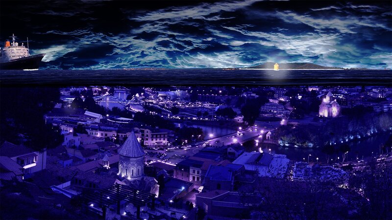 Cityscape at Night — Blue, Dramatic, Digital Art, Ship