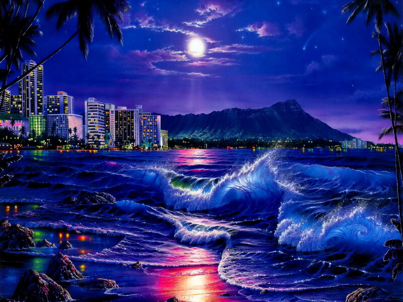 Cityscape at Night — Blue, Dramatic, Digital Art