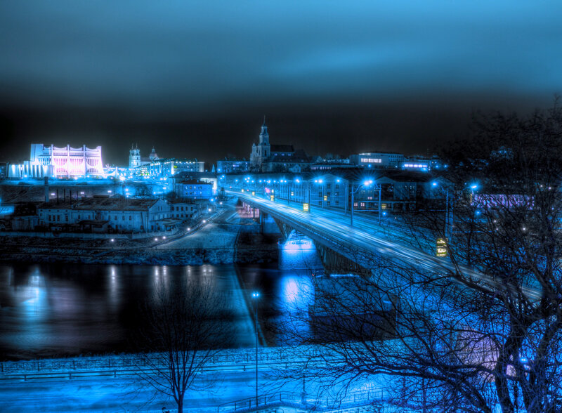 Cityscape at Night — Blue, Dramatic, Photograph, Bridge