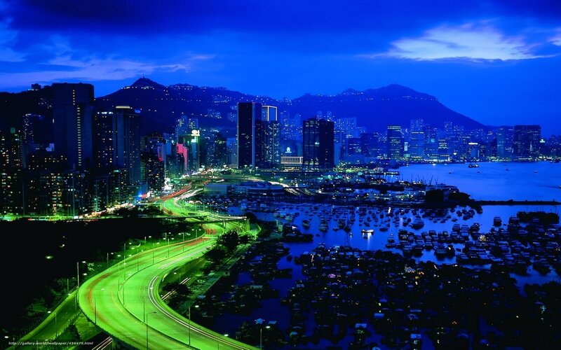 Cityscape at Night — Blue, Dramatic, Photograph, Buildings, Highway, Harbor