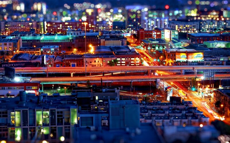 Cityscape at Night — Blue, Dramatic, Photograph, Buildings, Highway