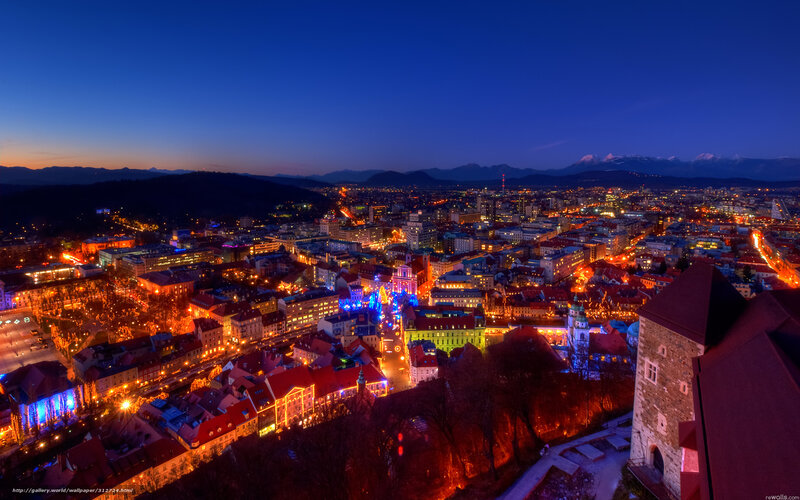 Cityscape at Night — Blue, Dramatic, Photograph, Buildings, Mountains