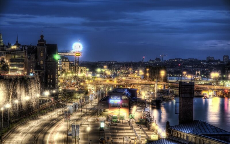 Cityscape at Night — Blue, Dramatic, Photograph, Buildings, River