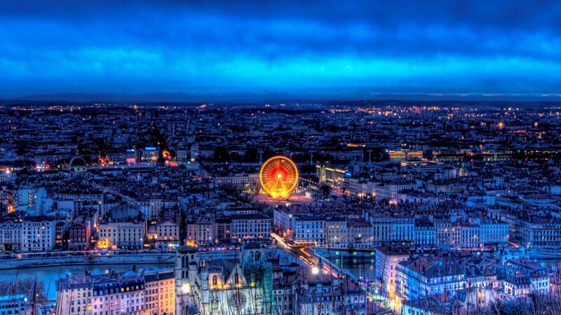 Cityscape at Night — Blue, Dramatic, Photograph, Ferris Wheel