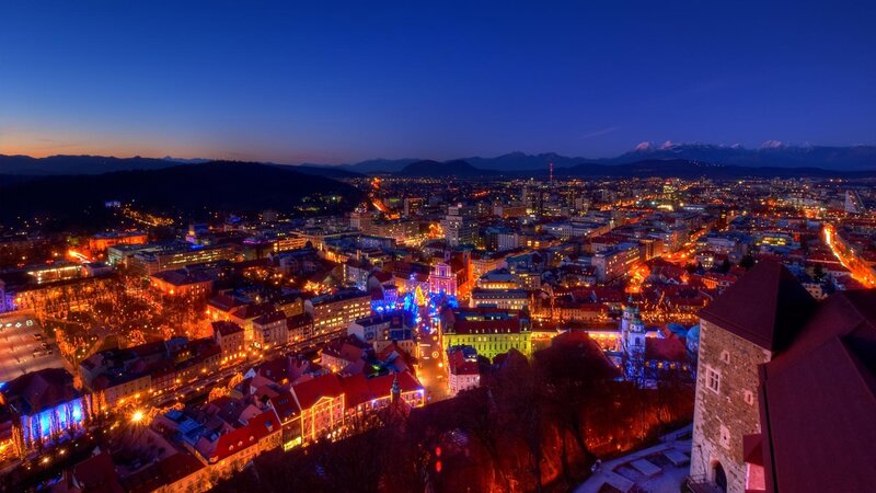 Cityscape at Night — Blue, Dramatic, Photograph, Mountains, Buildings