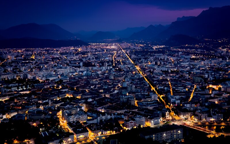 Cityscape at Night — Blue, Dramatic, Photograph, Mountains