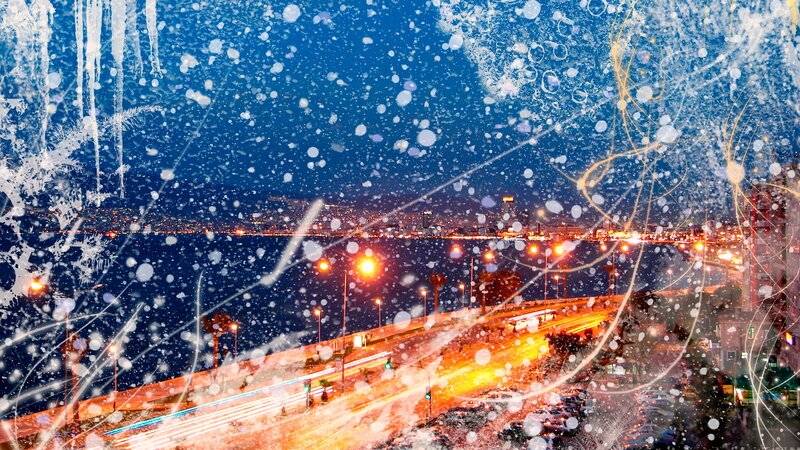 Cityscape at Night — Blue, Dramatic, Photograph, Snow, Lights