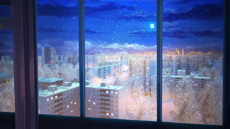 Cityscape at Night — Blue, Serene, Digital Art, Snow