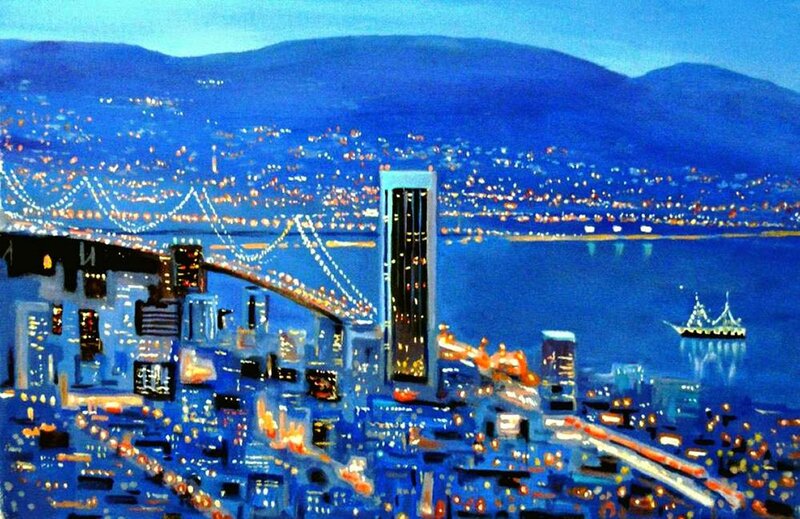 Cityscape at Night — Blue, Serene, Painting
