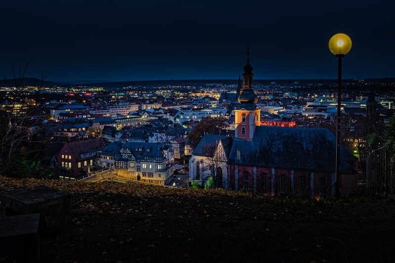 Cityscape at Night — Blue, Serene, Photograph, Church