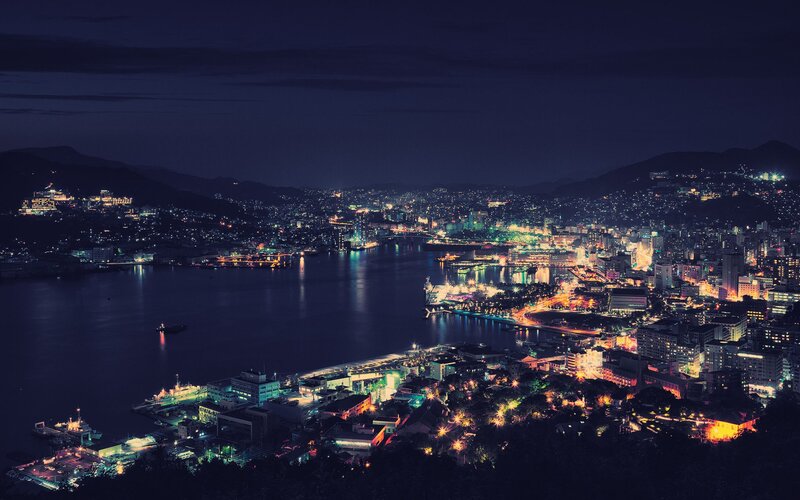 Cityscape at Night — Blue, Serene, Photograph, Harbor, Buildings